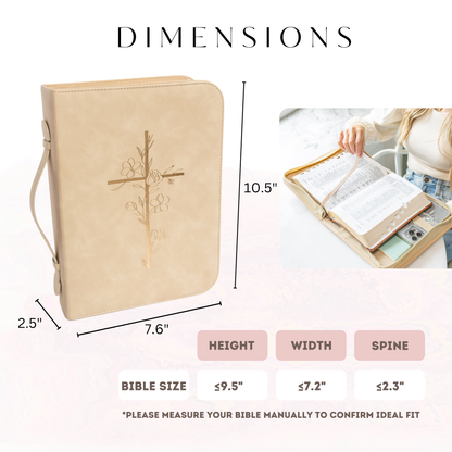 Embossed Women’s Bible Cover Case (Beige/Gold) 𝐋𝐀𝐑𝐆𝐄 𝐒𝐈𝐙𝐄 Floral Cross