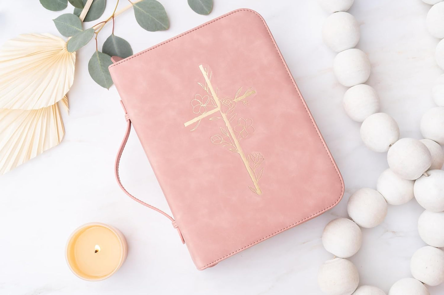 Embossed Women’s Bible Cover Case (Pink Gold) 𝐒𝐓𝐀𝐍𝐃𝐀𝐑𝐃 𝐒𝐈𝐙𝐄 Floral Cross
