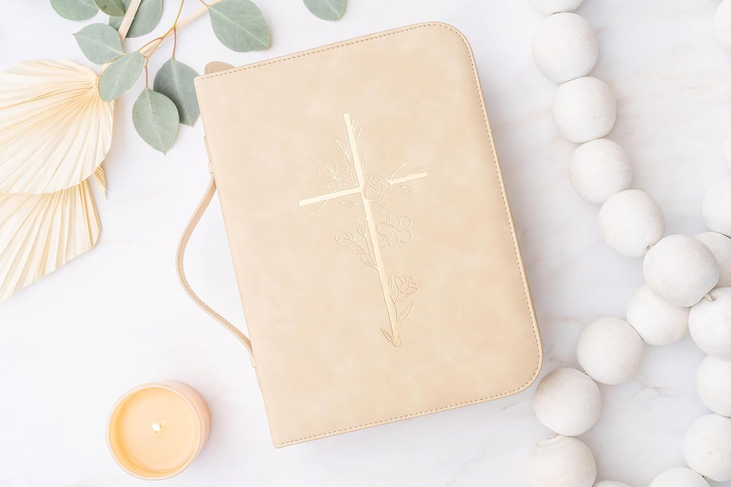 Embossed Women’s Bible Cover Case (Beige/Gold) 𝐒𝐓𝐀𝐍𝐃𝐀𝐑𝐃 𝐒𝐈𝐙𝐄 Floral Cross