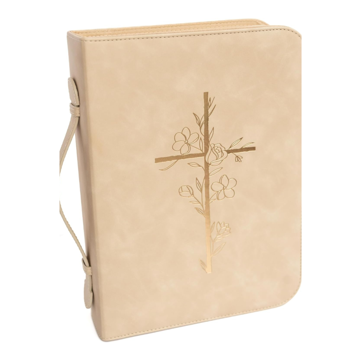 Embossed Women’s Bible Cover Case (Beige/Gold) 𝐋𝐀𝐑𝐆𝐄 𝐒𝐈𝐙𝐄 Floral Cross