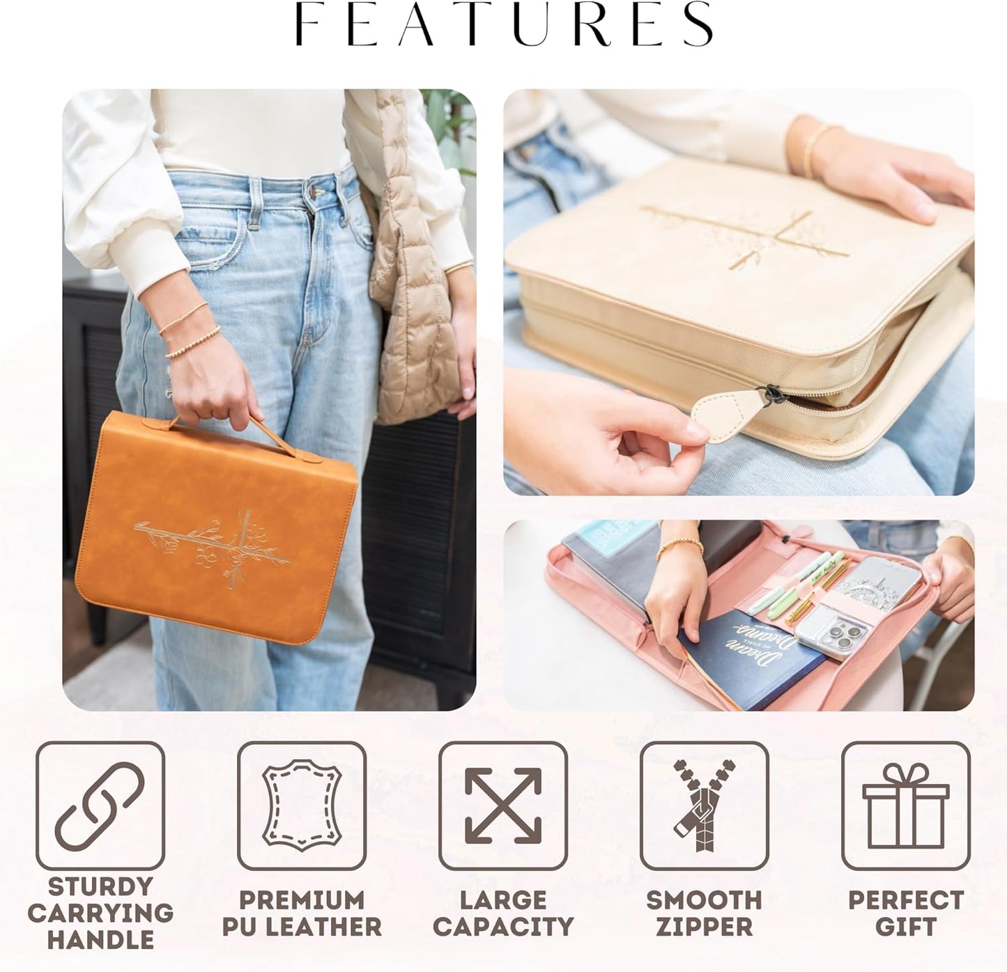 Embossed Women’s Bible Cover Case (Brown/Gold) 𝐋𝐀𝐑𝐆𝐄 𝐒𝐈𝐙𝐄 Floral Cross