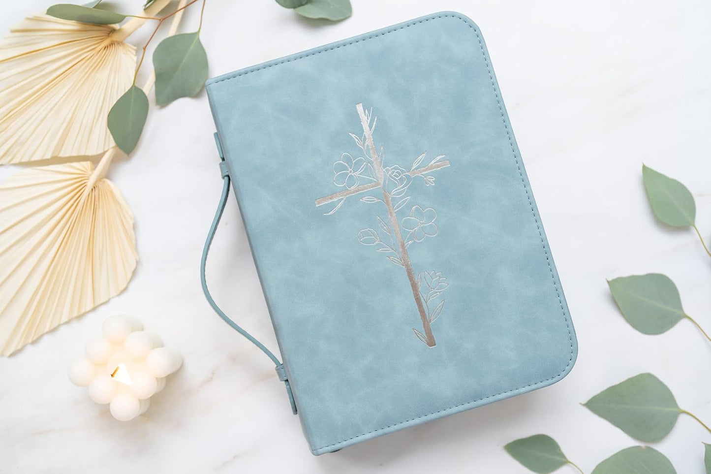 Embossed Women’s Bible Cover Case (Blue) Floral Cross 𝐒𝐓𝐀𝐍𝐃𝐀𝐑𝐃 𝐒𝐈𝐙𝐄