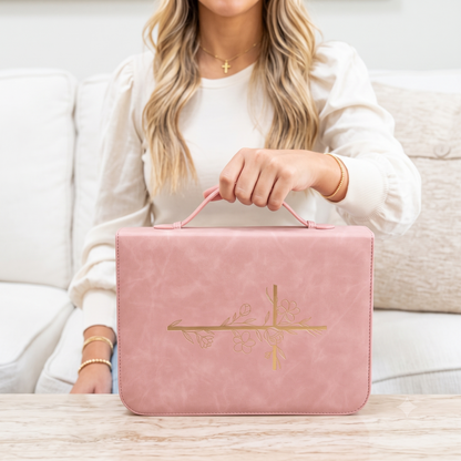 Embossed Women’s Bible Cover Case (Pink Gold) 𝐒𝐓𝐀𝐍𝐃𝐀𝐑𝐃 𝐒𝐈𝐙𝐄 Floral Cross