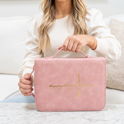 Embossed Women’s Bible Cover Case (Pink Gold) 𝐋𝐀𝐑𝐆𝐄 𝐒𝐈𝐙𝐄 Floral Cross