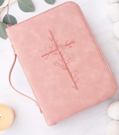 Embossed Women’s Bible Cover Case (Pink) 𝐒𝐓𝐀𝐍𝐃𝐀𝐑𝐃 𝐒𝐈𝐙𝐄 Floral Cross