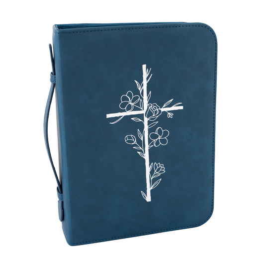 Embossed Women’s Bible Cover Case (Navy) 𝐒𝐓𝐀𝐍𝐃𝐀𝐑𝐃 𝐒𝐈𝐙𝐄 Floral Cross