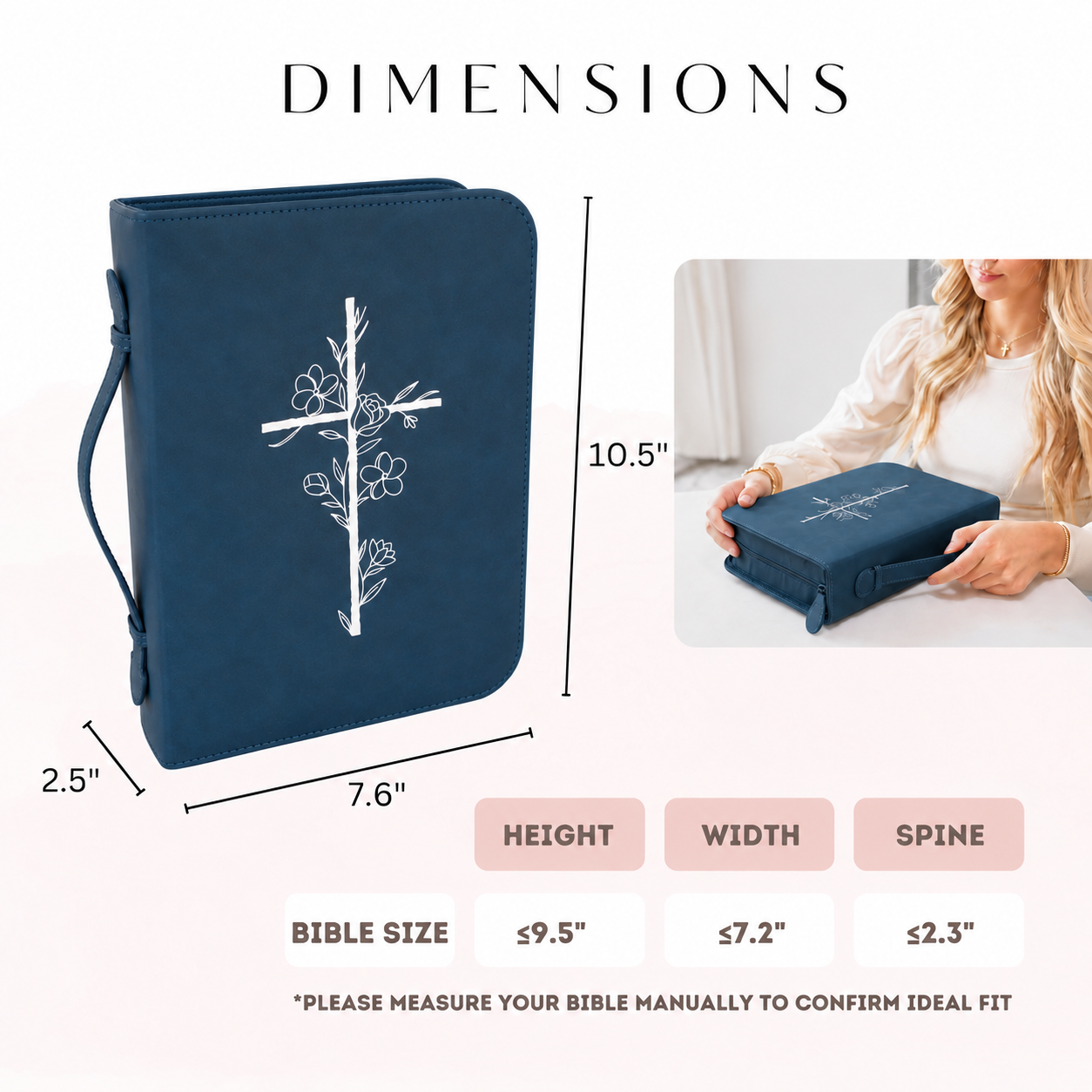 Embossed Women’s Bible Cover Case (Navy) 𝐒𝐓𝐀𝐍𝐃𝐀𝐑𝐃 𝐒𝐈𝐙𝐄 Floral Cross