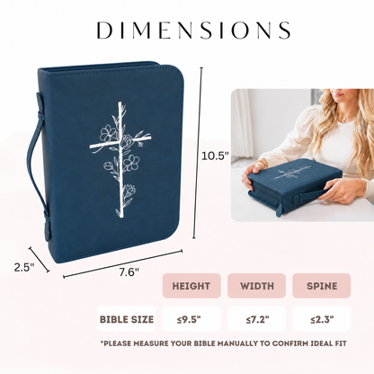 Embossed Women’s Bible Cover Case (Navy) 𝐒𝐓𝐀𝐍𝐃𝐀𝐑𝐃 𝐒𝐈𝐙𝐄 Floral Cross