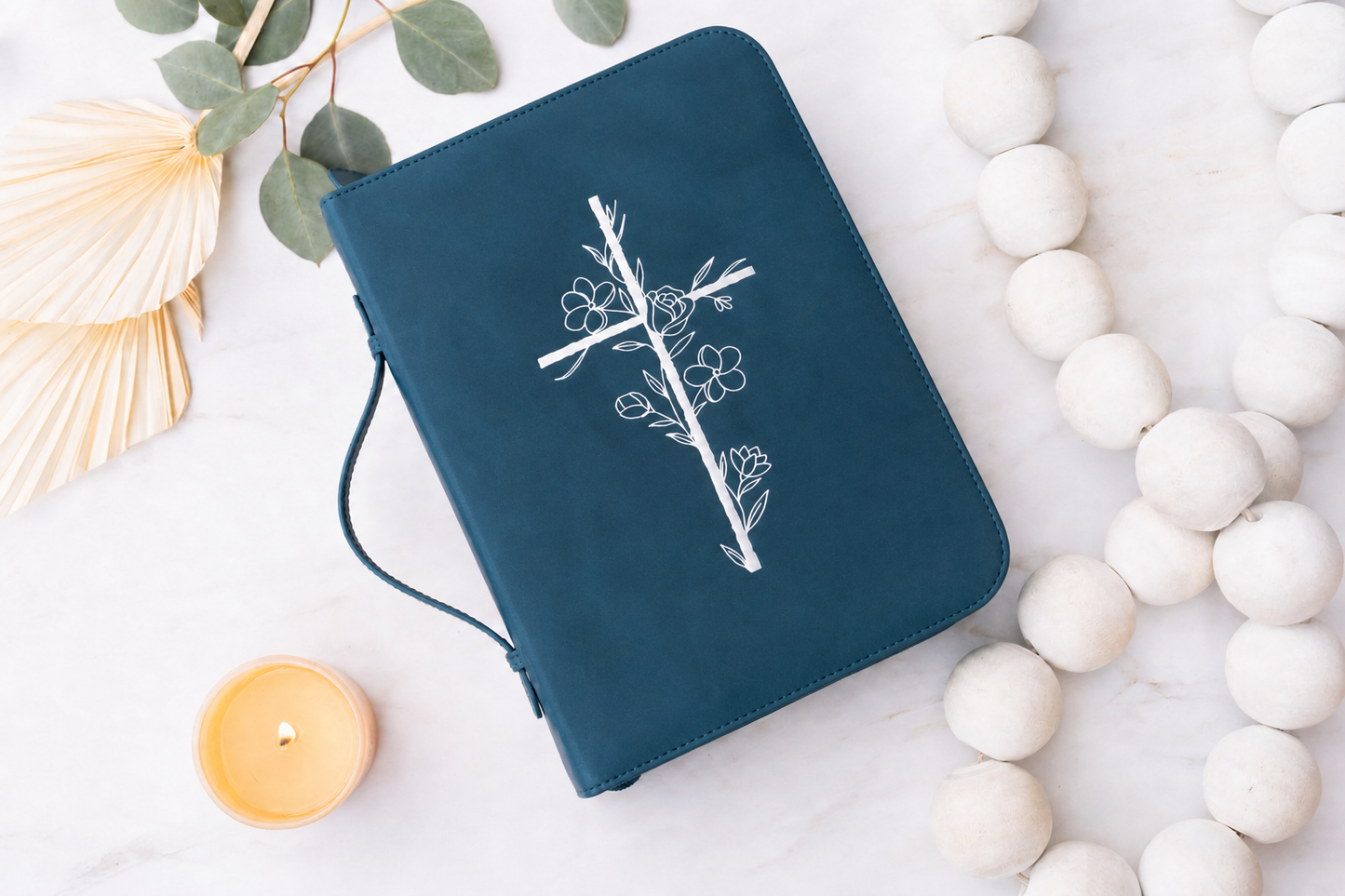 Embossed Women’s Bible Cover Case (Navy) 𝐒𝐓𝐀𝐍𝐃𝐀𝐑𝐃 𝐒𝐈𝐙𝐄 Floral Cross