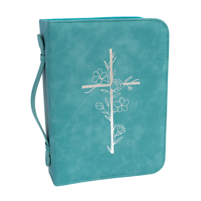 Embossed Women’s Bible Cover Case (Teal) 𝐒𝐓𝐀𝐍𝐃𝐀𝐑𝐃 𝐒𝐈𝐙𝐄 Floral Cross