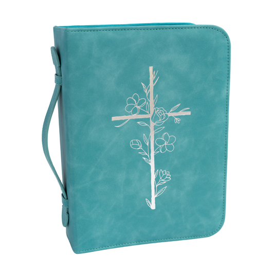 Embossed Women’s Bible Cover Case (Teal) 𝐒𝐓𝐀𝐍𝐃𝐀𝐑𝐃 𝐒𝐈𝐙𝐄 Floral Cross