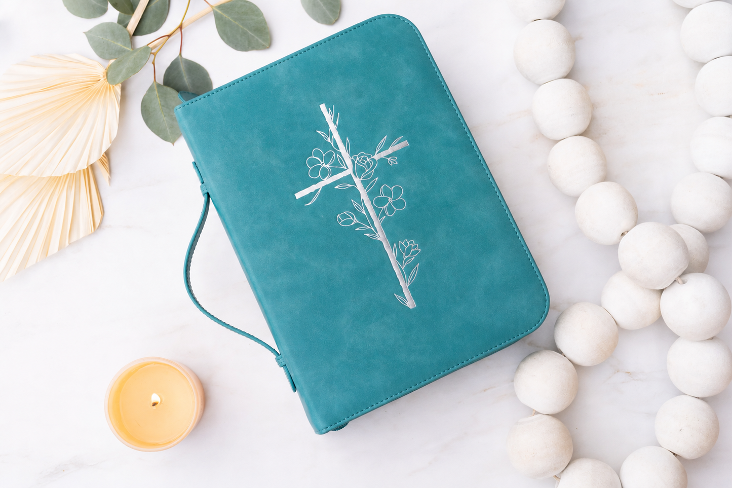 Embossed Women’s Bible Cover Case (Teal) 𝐒𝐓𝐀𝐍𝐃𝐀𝐑𝐃 𝐒𝐈𝐙𝐄 Floral Cross