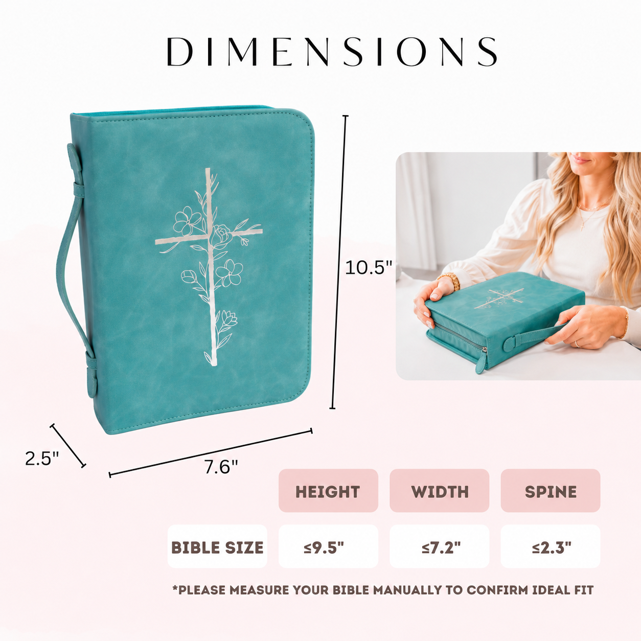 Embossed Women’s Bible Cover Case (Teal) 𝐒𝐓𝐀𝐍𝐃𝐀𝐑𝐃 𝐒𝐈𝐙𝐄 Floral Cross